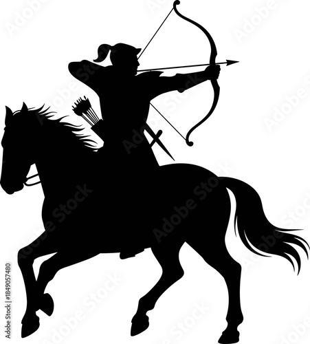 Black Silhouette Vector of a Medieval Mounted Archer Riding a Horse and Aiming a Bow and Arrow on White Background