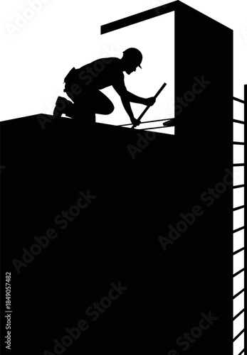 Black Silhouette Vector of a Professional Construction Worker or Roofer Repairing a High Building Roof Isolated on White Background