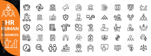 Set of 50 outline icons related to HR, Human Resources, Recruitment, Employment, business, office, company, management. Linear icon collection. Editable stroke. Human Resources, big icon set.