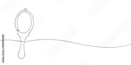 Minimal line illustration of a handheld mirror with an oval frame and decorative handle, suitable for beauty, grooming, and personal care concepts