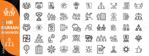 Set of 50 outline icons related to HR, Human Resources, Recruitment, Employment, business, office, company, management. Linear icon collection. Editable stroke. Human Resources, big icon set.