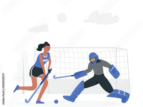 Field hockey player and goalie on white background sport game desi