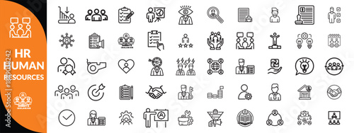 Set of 50 outline icons related to HR, Human Resources, Recruitment, Employment, business, office, company, management. Linear icon collection. Editable stroke. Human Resources, big icon set.