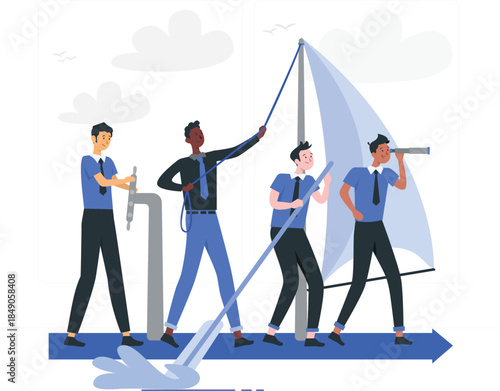 Four businessmen working together to sail a boat teamwork sailing collaboration