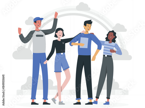 Four friends standing together with arms around each other group people diverse smiling