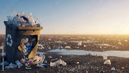 Plastic Pollution Crisis and Plastics polluted waste representing recycling failure and preventing e