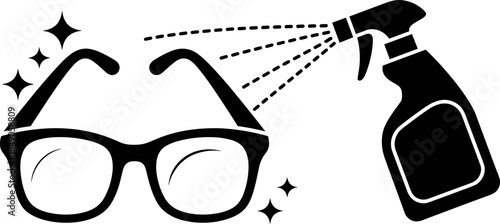 Black Silhouette Vector of a Spray Bottle Cleaning a Pair of Eyeglasses with Sparkles Isolated on a White Background