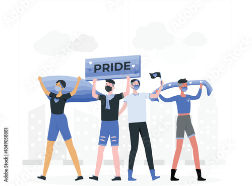 Four people wearing masks holding pride signs and flags in city background desi