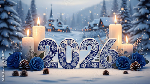 New Year 2026 celebration with candles and blue roses in snowy village