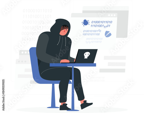 Hacker sitting at blue desk with laptop and binary code computer d