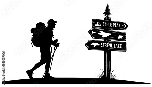 Authentic Mountain Hiker and Trail Signpost Silhouette - Local Flavor and Adventure Vector