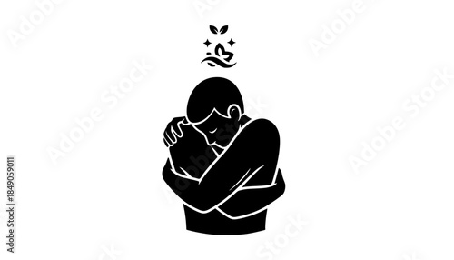 Self-Care and Mental Health Silhouette - Person Hugging Themselves Vector Icon for Wellness