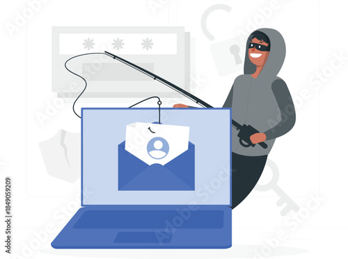 Hacker with fishing rod catching email on laptop phishing
