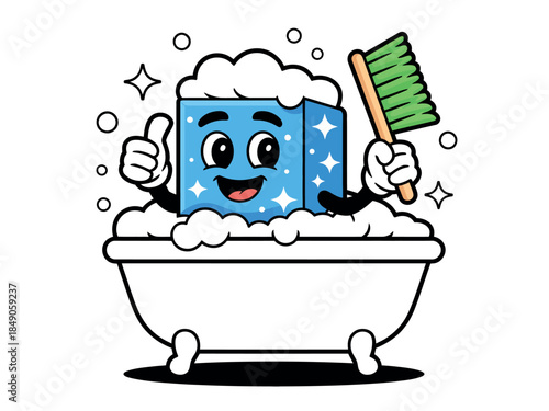 Cartoon blue soap block character happily bathing in a bubble-filled white bathtub with brush
