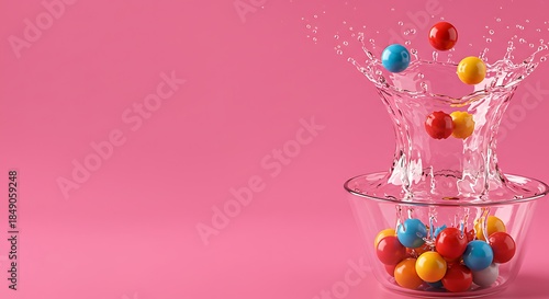 Colorful marbles splashing into a transparent glass bowl filled with water on a pink background