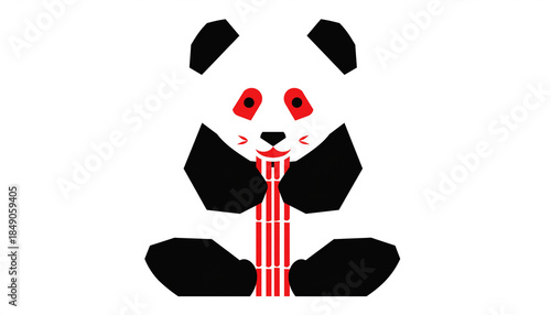 Minimalist Geometric Panda Illustration with Red Accents on White Background.