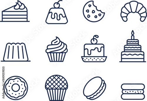 Sweet dessert line icons set featuring cake slices, cupcakes, donuts, cookies, croissants, macarons, puddings, and birthday cakes for bakery menus