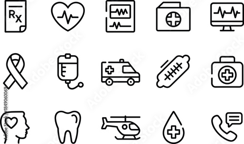 Medical line icons set featuring healthcare symbols, ambulance, prescription, dental care, heart rate monitor, blood drop, and emergency rescue services