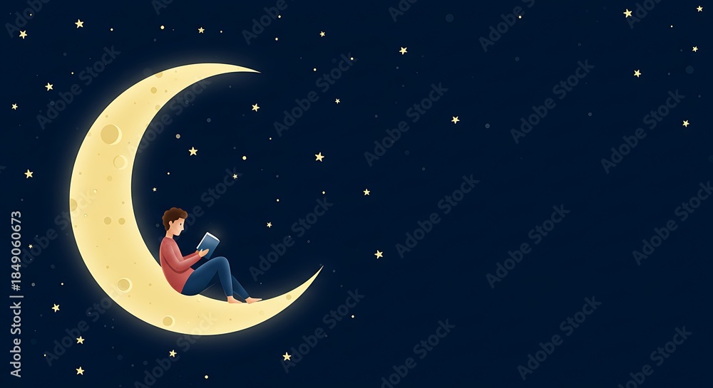 Fototapeta premium A person sitting on a crescent moon reading a book in the starry night sky