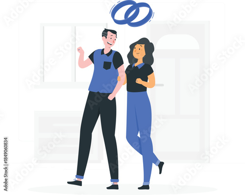 Man and woman standing with blue pretzel above cartoon des