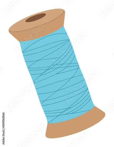 Light blue thread wrapped around a beige wooden spool lightblue