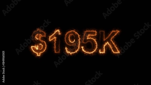 Neon line bright 195k followers isolated orange color 4k illustration on black background. Vibrant neon shiny 195k text orange  color 4k illustration digits for high-resolution.