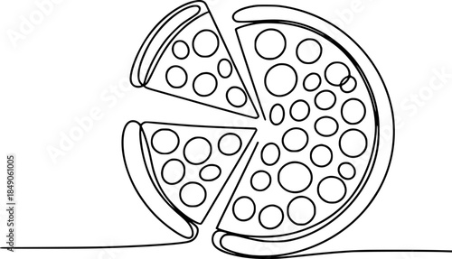 Slices of pepperoni pizza separated from whole pizza white background food meal