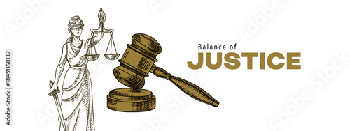 Sketch Themis. Lady justice. Woman holding scales and sword. Engraved line style hand drawn isolated vector illustration. Law, legal, court, mediation center, arbitration, notary concept