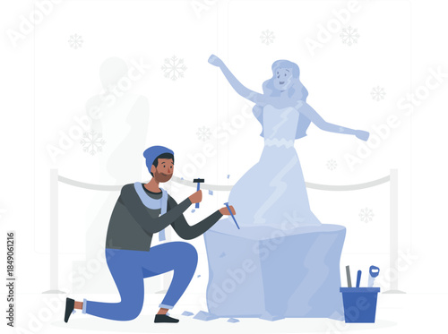 Man carving ice sculpture of woman in dress chisel
