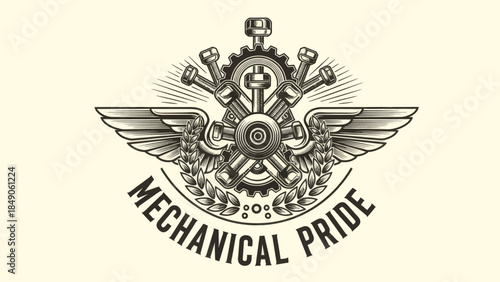 Intricate steampunk-inspired emblem showcasing mechanical components and pride