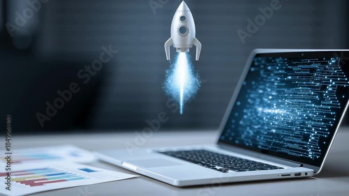 Rocket Laptop Technology Innovation Startup Digital Futuristic Launch Business Success Concept for Internet Growth, Creative Idea Progress, Development, Science, Space, Computer, Modern Inspiration