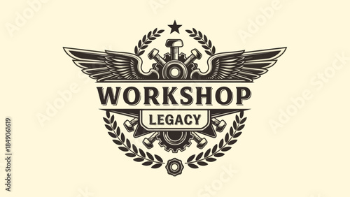 Vintage Mechanical Gear and Wing Emblem for Workshop Legacy Logo Design