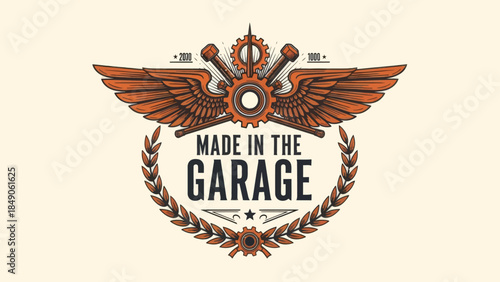 Vintage Mechanical Emblem Celebrating Handmade Garage Craftsmanship