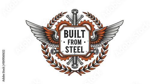 Industrial emblem featuring metallic gears wings and steel construction