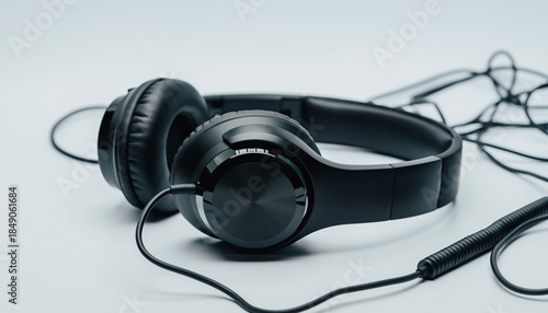 Black wired headphones with inline microphone on white background.