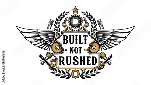 Mechanical and aviation inspired emblem with gears wings and phrase built not