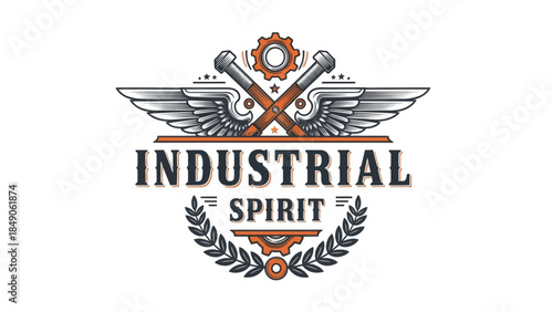 dynamic industrial spirit emblem with mechanical gear wings and tools