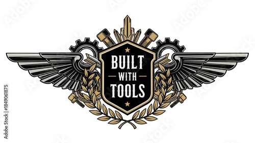 Industrial emblem featuring crossed tools and gears with wings and motto