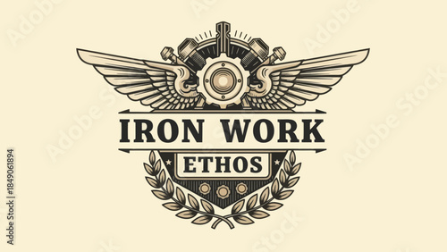 Industrial Engine and Winged Gear Emblem Representing Mechanical Power and