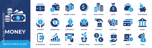 Money icon set. Financial and banking icon collection. Business and investment symbols. Wallet, cash, piggybank, bank, mobile banking concepts. Loan, debt, salary, savings and earnings pictograms set.