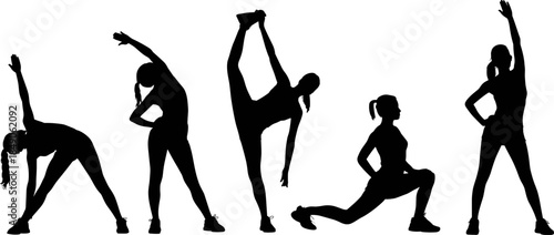Black Silhouette Vector Set of Fit Women Performing Various Yoga Stretches Gymnastics and Fitness Exercises Isolated on a White Background