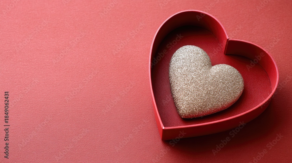 Fototapeta premium Gift box with ribbon and heart placed on a glitter background for Valentine's Day celebration in a studio setting