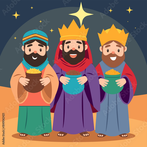 Three Wise Men, Kings or Magi with gifts of gold, frankincense and myrrh in the desert for Epiphany, Twelfth Night or Dia de los Reyes Magos celebration. Biblical nativity journey with star and faith
