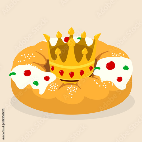 Traditional Roscón or Rosca de Reyes King Cake for an Epiphany celebration, party or bakery. Golden baked pastry and sweet dessert for Three Wise Men feast or festive Catholic and Christian holiday