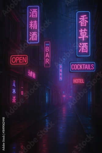 Narrow cyberpunk street with neon signs at night AI generated