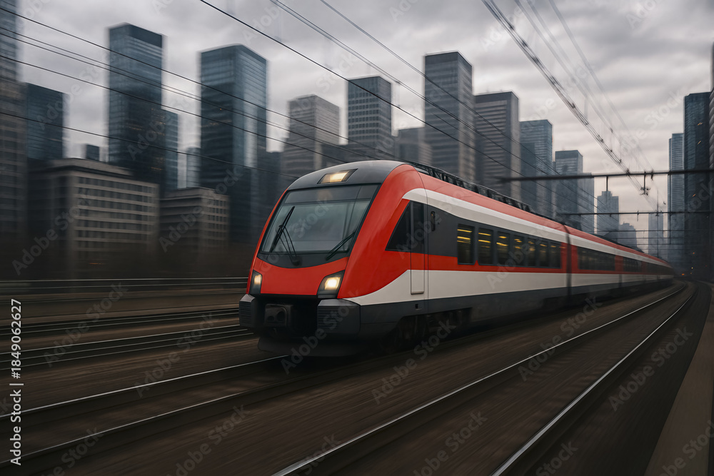 Fototapeta premium Red and white train moving fast on tracks AI generated