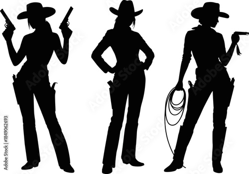 Black Silhouette Vector Set of Three Western Cowgirls Wearing Hats Holding Handguns and Lasso Isolated on a Plain White Background