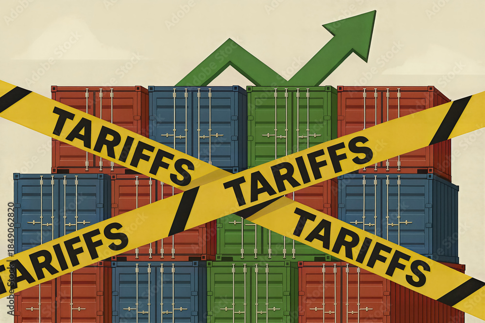 Fototapeta premium Shipping containers stacked with tariffs tape concept AI generated