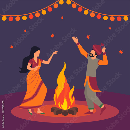 Indian couple performing traditional bhangra dance around a bonfire for Lohri festival celebration. Punjabi folk music, harvest season and cultural event with costumes, movement and festive spirit