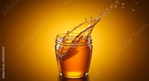A glass jar being filled with a splash of golden liquid against a warm yellow background